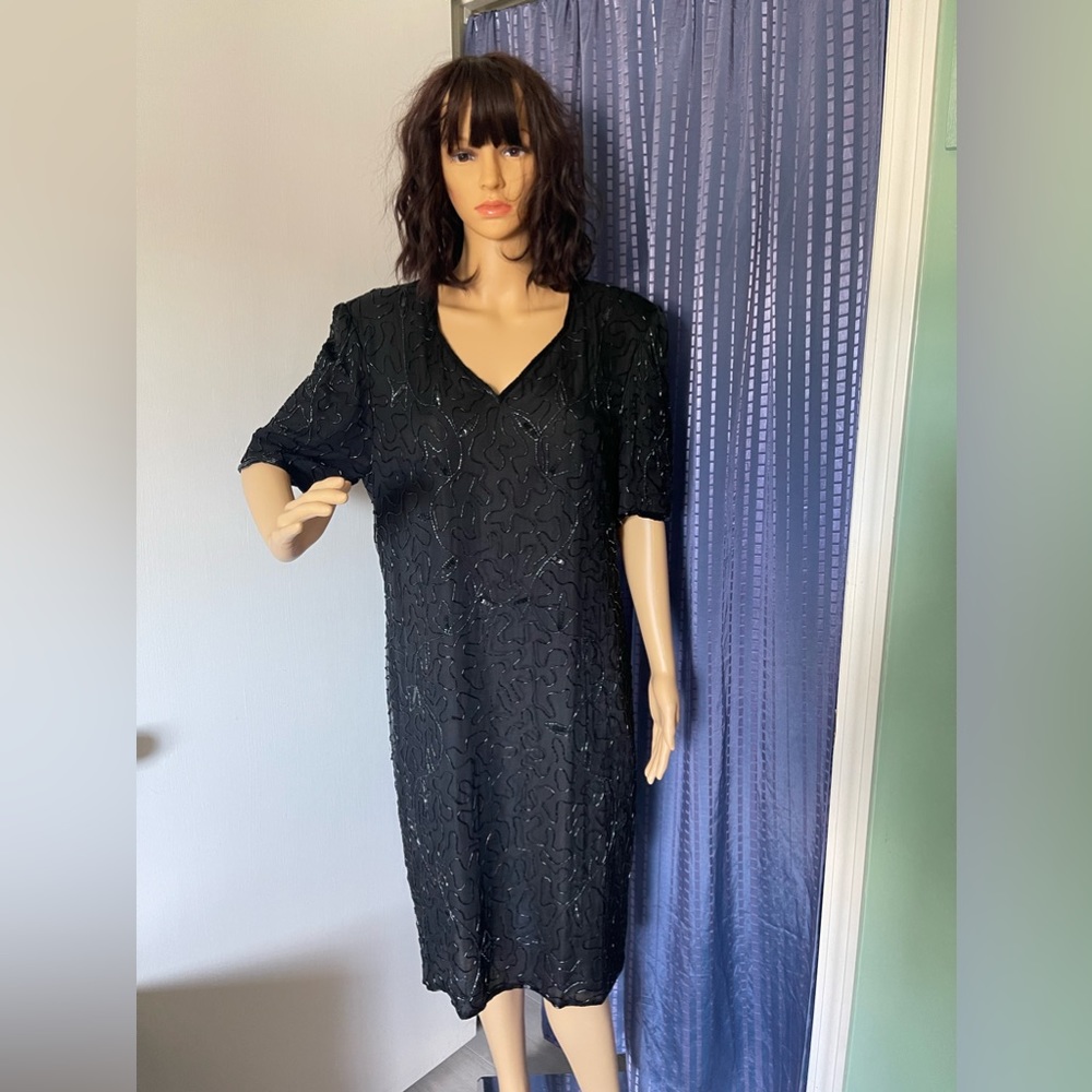 Vintage JMC 100% Silk Fully Beaded Dress Black Formal 1X (actual Size Is M-L)
